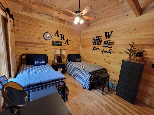 350 Sizer Ln, New Castle, VA 24127 - bedroom featuring a wood ceiling with exposed beams, wood finished floors, wood walls, and a ceiling fan