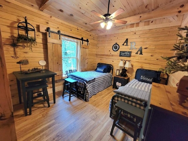 350 Sizer Ln, New Castle, VA 24127 - bedroom with wood finished floors, wood walls, a wood ceiling with exposed beams, and a barn door