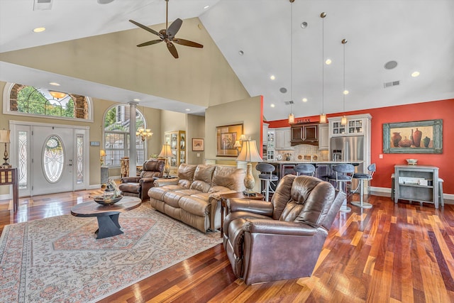 325 Bull Run Trl, Penhook, VA 24137 - living area featuring high vaulted ceiling, ceiling fan, dark wood-type flooring, a chandelier, and recessed lighting