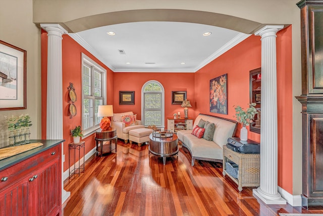 325 Bull Run Trl, Penhook, VA 24137 - living room with ornate columns, hardwood / wood-style floors, ornamental molding, and recessed lighting