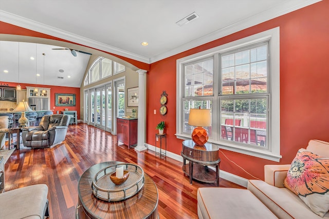 325 Bull Run Trl, Penhook, VA 24137 - living room with decorative columns, wood finished floors, vaulted ceiling, a ceiling fan, and crown molding