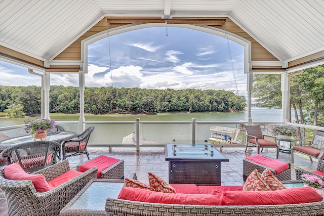325 Bull Run Trl, Penhook, VA 24137 - view of patio with an outdoor living space, a water view, and view of wooded area