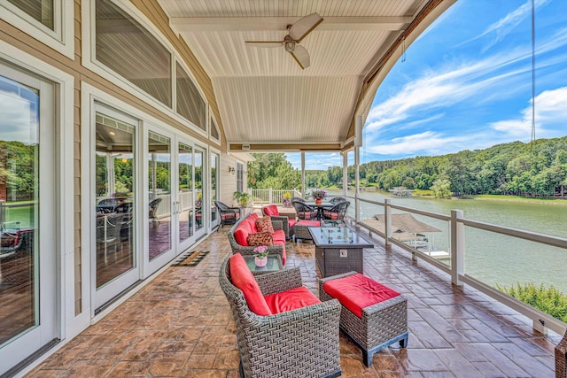 325 Bull Run Trl, Penhook, VA 24137 - view of patio / terrace featuring french doors, a water view, an outdoor hangout area, ceiling fan, and a view of trees