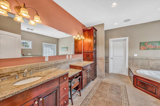 325 Bull Run Trl, Penhook, VA 24137 - full bath with vanity, a bath, tile walls, tile patterned floors, and recessed lighting