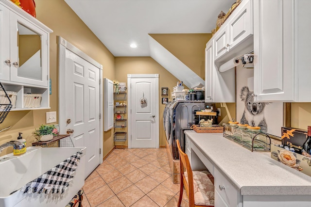 325 Bull Run Trl, Penhook, VA 24137 - kitchen with white cabinets, light countertops, recessed lighting, and light tile patterned flooring