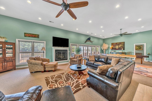 325 Bull Run Trl, Penhook, VA 24137 - living area with a ceiling fan, carpet floors, recessed lighting, and a fireplace
