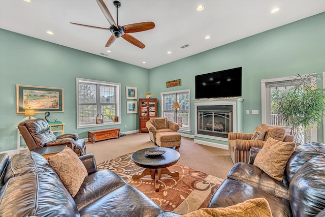 325 Bull Run Trl, Penhook, VA 24137 - carpeted living area featuring plenty of natural light, ceiling fan, a high ceiling, a fireplace, and recessed lighting