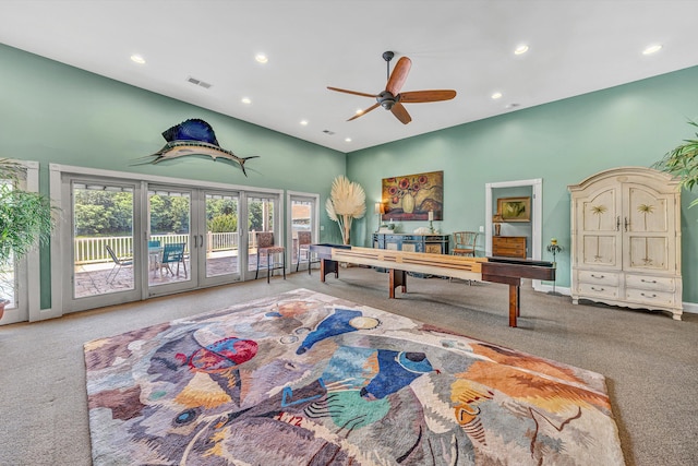 325 Bull Run Trl, Penhook, VA 24137 - playroom with carpet floors, recessed lighting, french doors, high vaulted ceiling, and a ceiling fan