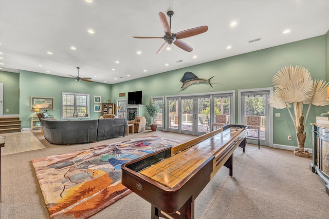 325 Bull Run Trl, Penhook, VA 24137 - recreation room with a ceiling fan, carpet floors, recessed lighting, a fireplace, and a towering ceiling