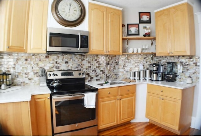 1138 Montrose Ave SE, Roanoke, VA 24013 - kitchen featuring appliances with stainless steel finishes, decorative backsplash, light countertops, and wood finished floors