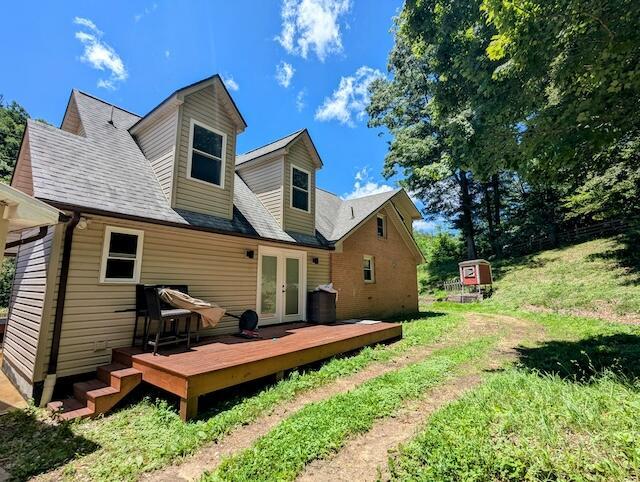 221 Camp Creek Rd NW, Riner, VA 24149 - rear view of property with french doors, a deck, and a shingled roof