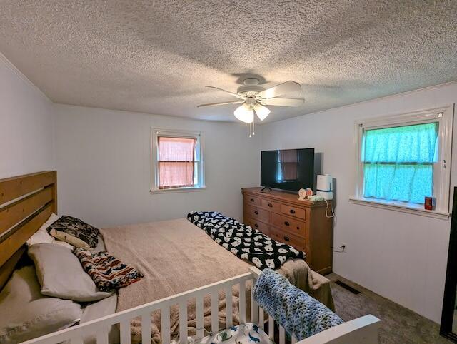 221 Camp Creek Rd NW, Riner, VA 24149 - bedroom featuring carpet, a textured ceiling, and a ceiling fan