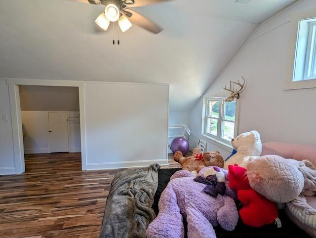 221 Camp Creek Rd NW, Riner, VA 24149 - bedroom featuring wood finished floors, multiple windows, lofted ceiling, and a ceiling fan