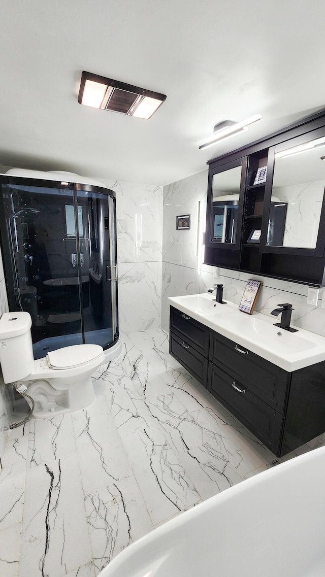 801 Concord St, Selma, VA 24474 - full bathroom featuring double vanity, marble finish flooring, and a stall shower