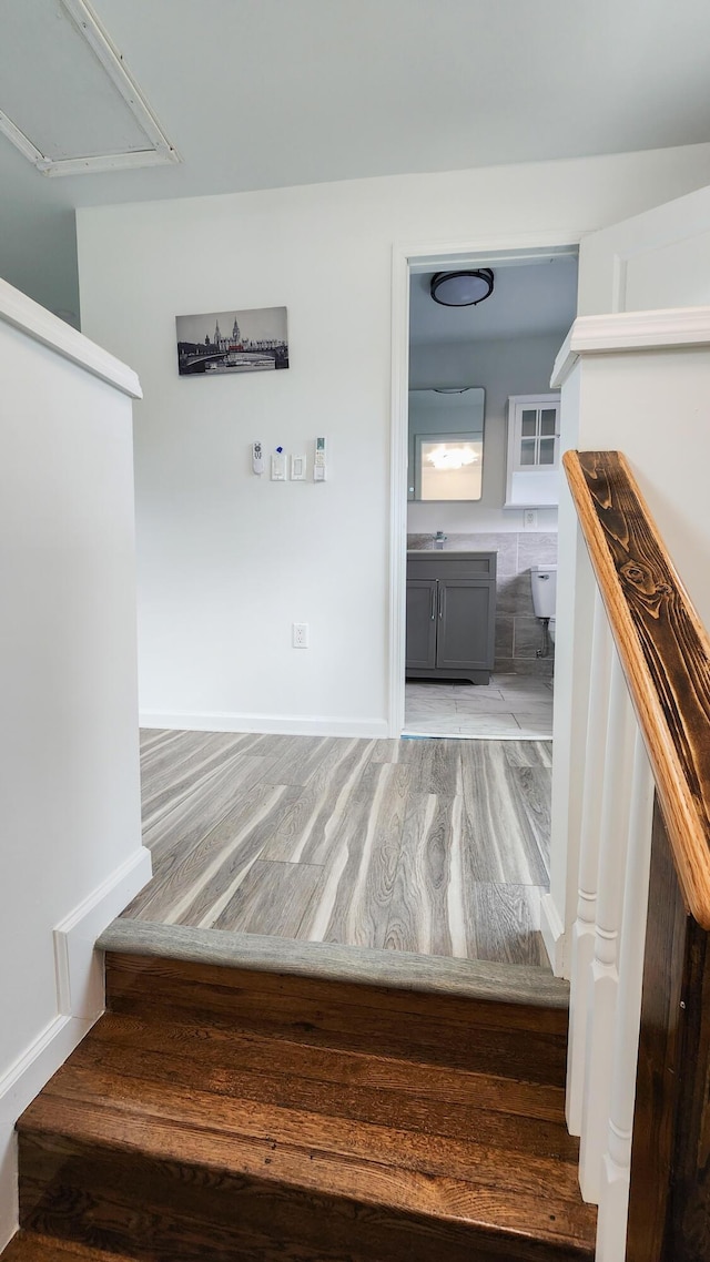 801 Concord St, Selma, VA 24474 - staircase featuring attic access and wood finished floors