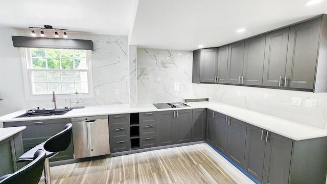 801 Concord St, Selma, VA 24474 - kitchen with stainless steel dishwasher, gray cabinetry, backsplash, light countertops, and recessed lighting