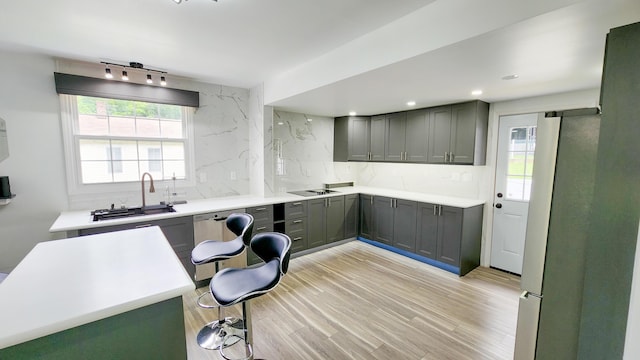 801 Concord St, Selma, VA 24474 - kitchen featuring dishwasher, freestanding refrigerator, backsplash, gray cabinetry, and recessed lighting
