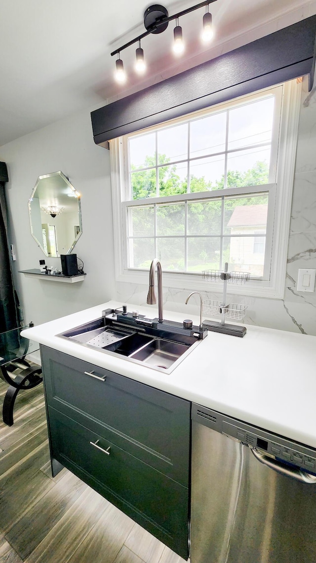 801 Concord St, Selma, VA 24474 - kitchen with stainless steel dishwasher, wood finished floors, rail lighting, and light countertops