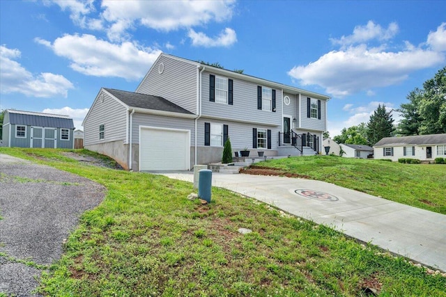 901 Samantha Cir, Roanoke, VA 24019 - split foyer home with an attached garage, driveway, a front yard, and a storage unit
