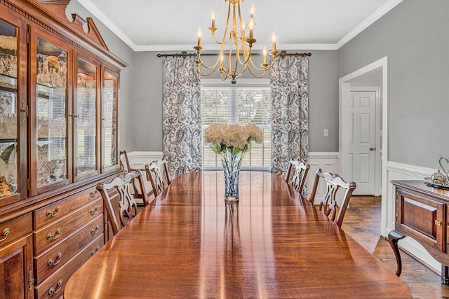 1258 Colby Dr, Forest, VA 24551 - dining area featuring a chandelier, wainscoting, ornamental molding, and dark wood finished floors