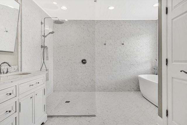 1258 Colby Dr, Forest, VA 24551 - full bath featuring a walk in shower, vanity, a freestanding bath, recessed lighting, and marble look tiles