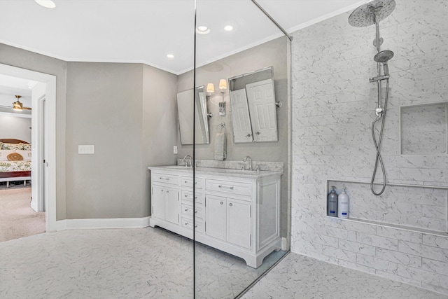 1258 Colby Dr, Forest, VA 24551 - bathroom featuring double vanity, crown molding, tiled shower, connected bathroom, and recessed lighting
