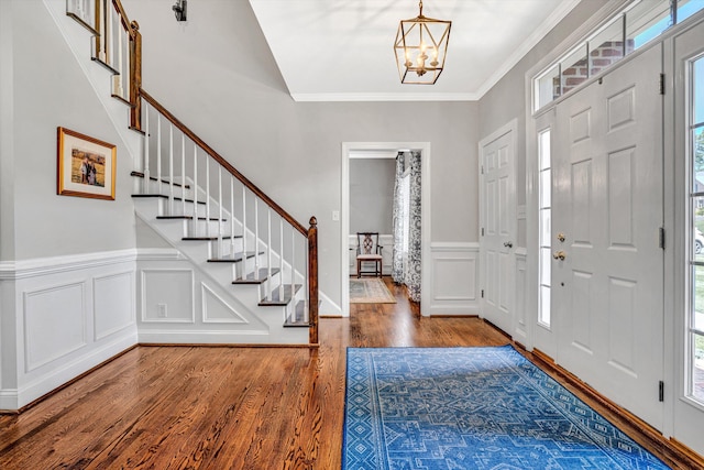 1258 Colby Dr, Forest, VA 24551 - foyer featuring a chandelier, wood finished floors, a decorative wall, stairway, and ornamental molding