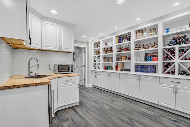 1258 Colby Dr, Forest, VA 24551 - kitchen featuring butcher block counters, stainless steel microwave, open shelves, and recessed lighting