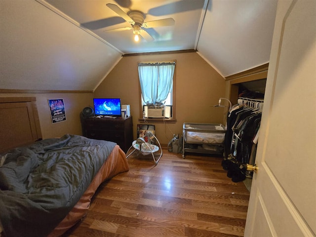 1213 Tazewell Ave SE, Roanoke, VA 24013 - bedroom featuring cooling unit, wood finished floors, vaulted ceiling, and ceiling fan