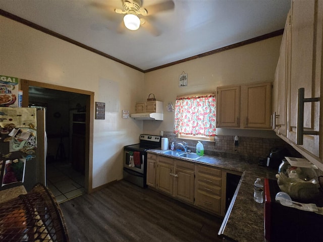 1213 Tazewell Ave SE, Roanoke, VA 24013 - kitchen with electric stove, under cabinet range hood, ornamental molding, backsplash, and a ceiling fan