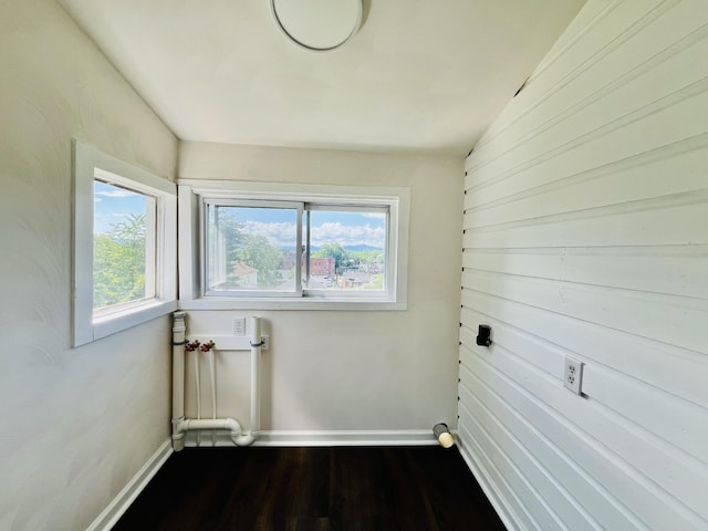 1138 Murray Ave SE, Roanoke, VA 24013 - laundry room with healthy amount of natural light, dark wood finished floors, and wood walls