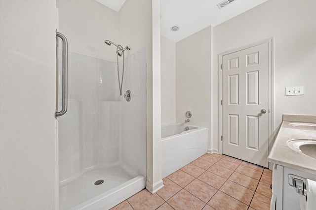 6617 Hartman Ct, Roanoke, VA 24019 - bathroom with tile patterned flooring, a shower, double vanity, and a bathtub
