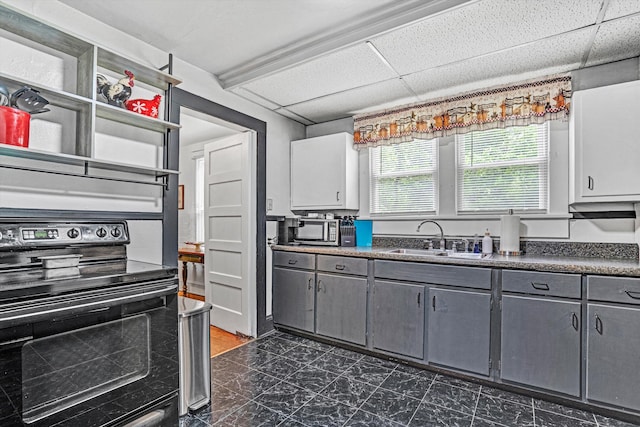 1831 S Carpenter Dr, Covington, VA 24426 - kitchen with black range with electric stovetop, gray cabinetry, a paneled ceiling, dark countertops, and stainless steel microwave