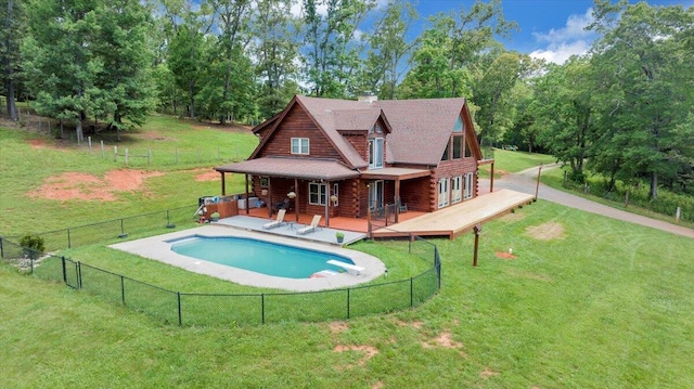 1769 Scenic View Rd, Moneta, VA 24121 - rear view of house featuring a deck, log exterior, a fenced backyard, and a chimney