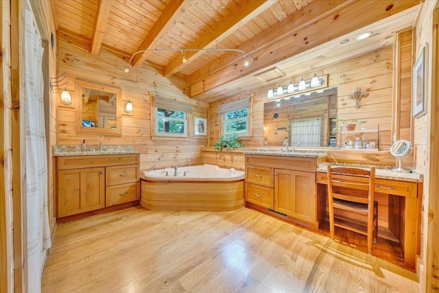 1769 Scenic View Rd, Moneta, VA 24121 - full bath with wood walls, a wooden ceiling with exposed beams, two vanities, a garden tub, and wood finished floors