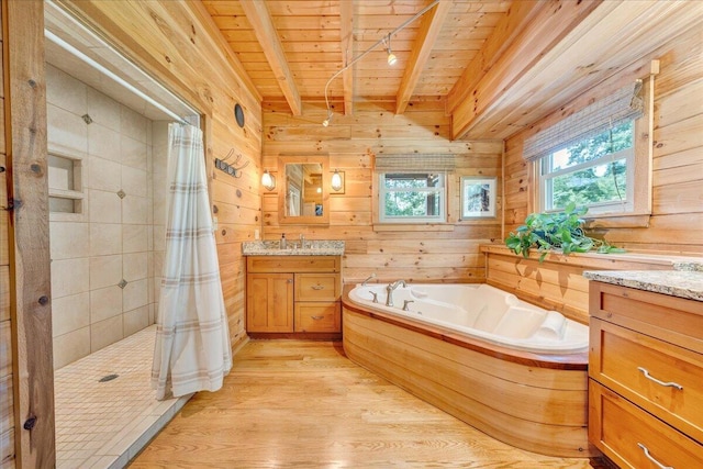 1769 Scenic View Rd, Moneta, VA 24121 - full bathroom with tiled shower, vanity, wood finished floors, a wooden ceiling with exposed beams, and a bath