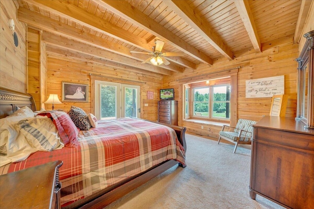 1769 Scenic View Rd, Moneta, VA 24121 - bedroom with a wooden ceiling with exposed beams, multiple windows, wood walls, carpet, and a ceiling fan