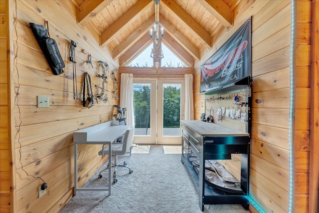 1769 Scenic View Rd, Moneta, VA 24121 - office area featuring carpet floors, wooden ceiling, wooden walls, and french doors