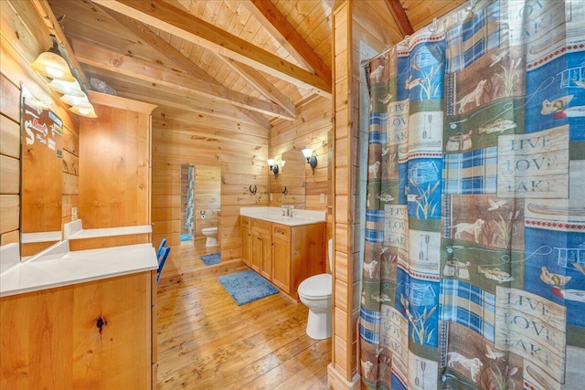 1769 Scenic View Rd, Moneta, VA 24121 - bathroom with wooden ceiling, vanity, hardwood / wood-style floors, wooden walls, and a shower with curtain
