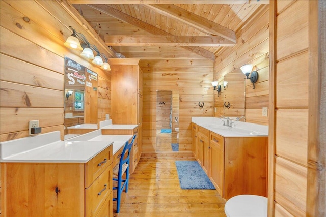 1769 Scenic View Rd, Moneta, VA 24121 - bathroom with a wood ceiling with exposed beams, wood walls, vanity, and hardwood / wood-style floors