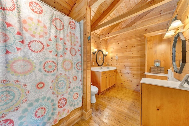 1769 Scenic View Rd, Moneta, VA 24121 - full bath featuring wooden ceiling, vanity, wooden walls, hardwood / wood-style flooring, and a shower with shower curtain
