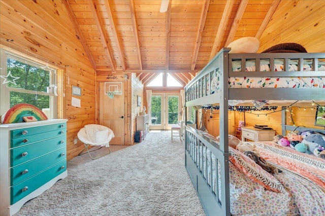1769 Scenic View Rd, Moneta, VA 24121 - bedroom featuring wooden walls, wood ceiling, carpet, and french doors
