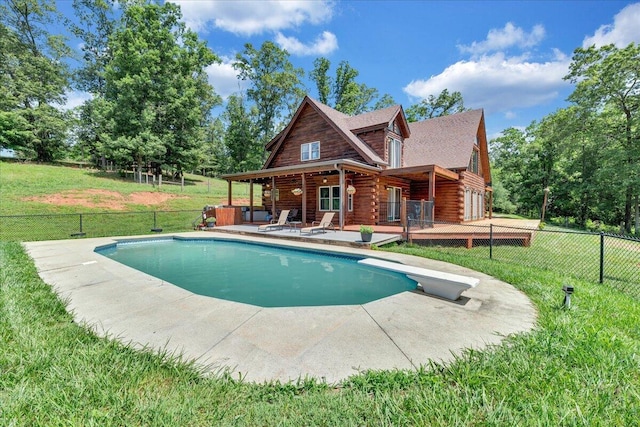 1769 Scenic View Rd, Moneta, VA 24121 - view of swimming pool with a fenced backyard, a wooden deck, a diving board, and a patio