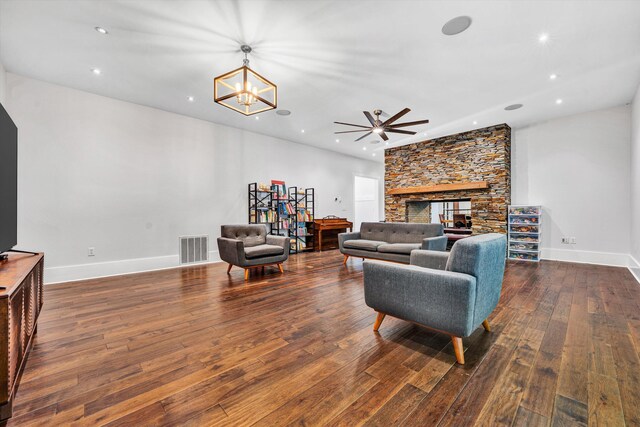 3150 Green Ridge Rd NW, Roanoke, VA 24019 - living room with recessed lighting, a ceiling fan, wood finished floors, a chandelier, and a fireplace