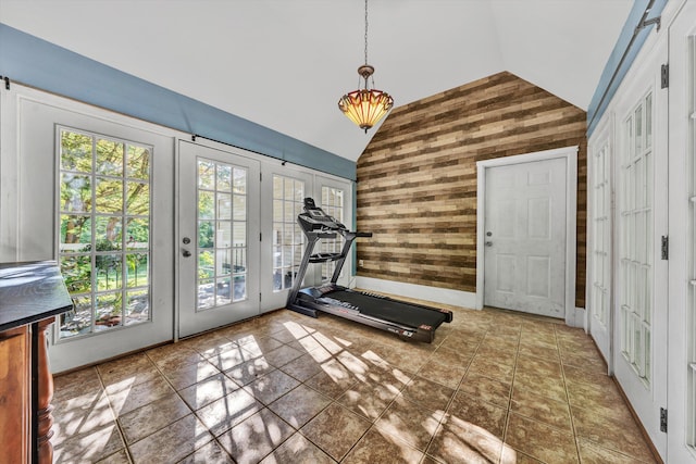 3150 Green Ridge Rd NW, Roanoke, VA 24019 - exercise area featuring wooden walls, lofted ceiling, and french doors