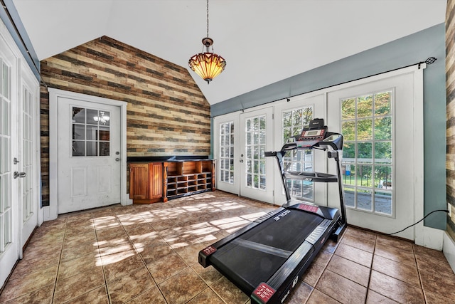 3150 Green Ridge Rd NW, Roanoke, VA 24019 - exercise area featuring french doors, wood walls, and high vaulted ceiling