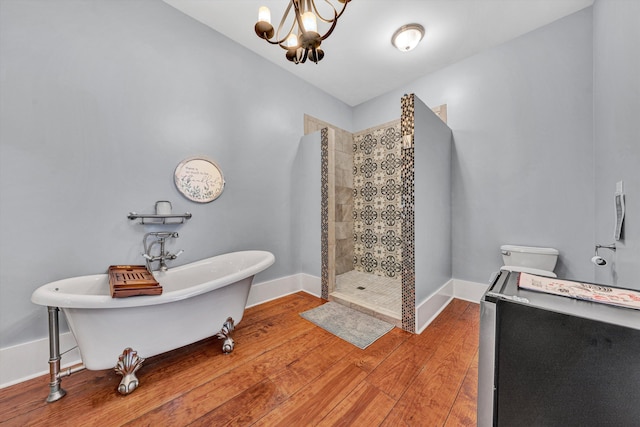 3150 Green Ridge Rd NW, Roanoke, VA 24019 - full bathroom featuring walk in shower, a freestanding tub, a chandelier, and wood finished floors