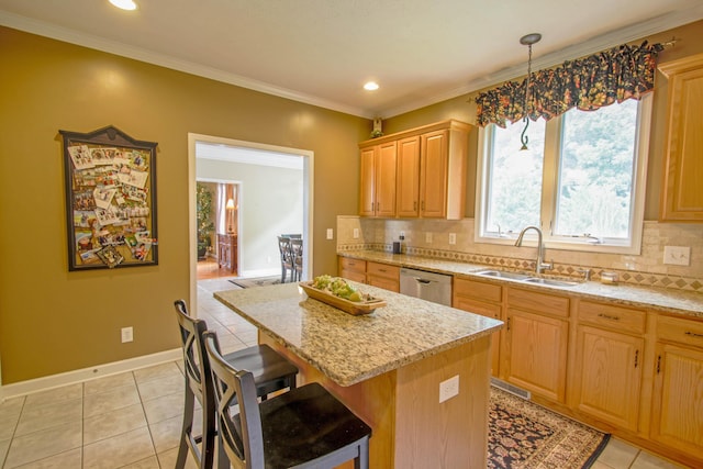 1266 Wills Way, Forest, VA 24551 - kitchen with backsplash, light tile patterned floors, a center island, crown molding, and recessed lighting