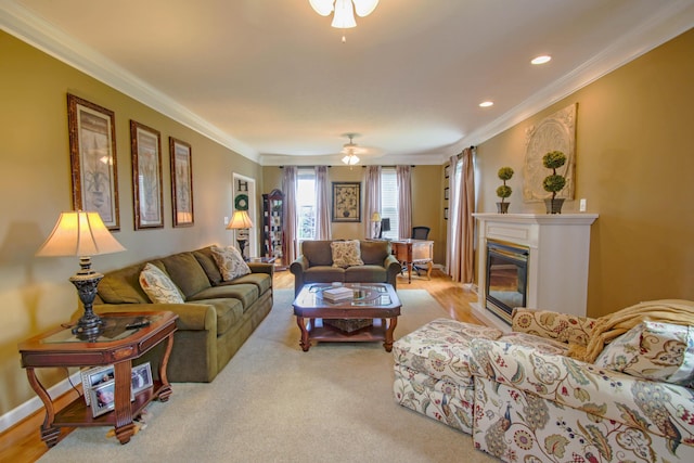 1266 Wills Way, Forest, VA 24551 - living room featuring ornamental molding, a glass covered fireplace, and recessed lighting