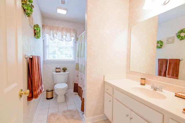 1266 Wills Way, Forest, VA 24551 - full bath featuring wallpapered walls, vanity, tile patterned floors, and a shower with curtain